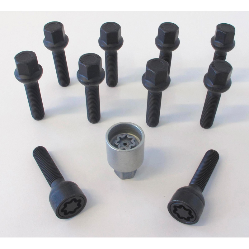 H&R Wielboutenset bolkonisch R13 M14x1.50 - Lengte 38mm - Zwart - 10 stuks (bv.  VAG) - incl. wielsloten